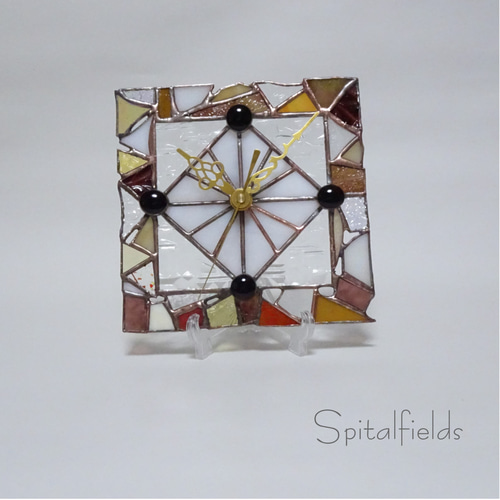 ステンドグラス　m9172 一点もの】壁掛け・置き型兼用 ステンドグラスの時計M 17cm角（秋色_