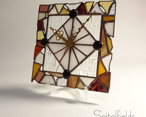 ステンドグラス　m9172 一点もの】壁掛け・置き型兼用 ステンドグラスの時計M 17cm角（秋色_