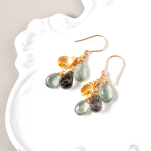 14KGF モスアクアマリンとトルマリンクォーツのチャーム