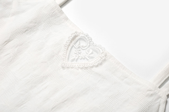 白色 雙層内裏 提花棉質愛心鏤空细肩带收腰洋裝 一字領連身裙 第8張的照片