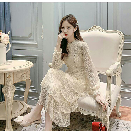 レース ワンピース レディース 長袖 チュール ロングスカート（マキシ