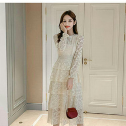 チュールレース長袖ワンピース レース ワンピース レディース 長袖 チュール ロングスカート（マキシ