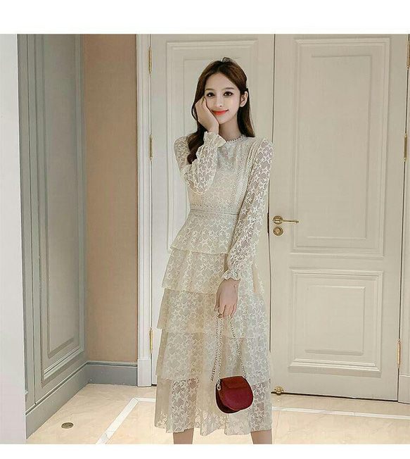 レース ワンピース レディース 長袖 チュール ロングスカート（マキシ