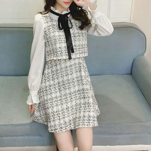 ツイード柄 長袖 上下ドッキングミニワンピース フレア袖 ミニ