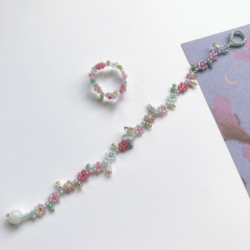 ピンク 花 グリーン 蝶 ビーズ リング 指輪 ブレスレット セット
