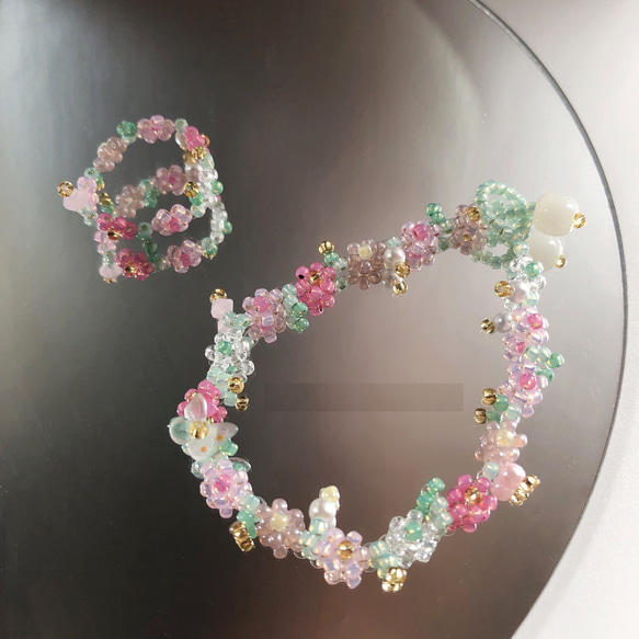 ピンク 花 グリーン 蝶 ビーズ リング 指輪 ブレスレット セット