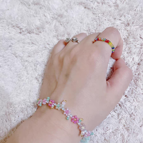 ピンク 花 グリーン 蝶 ビーズ リング 指輪 ブレスレット セット