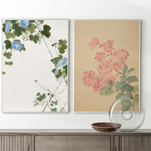 NO.415】青色朝顔の花とてんとう虫日本画アートポスター☆夏
