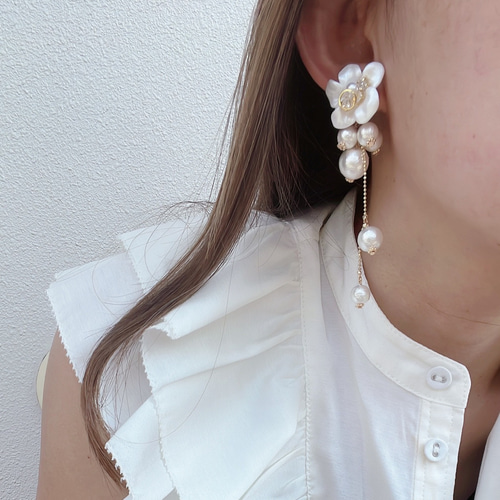 2way くすみフラワー×コットンパールピアス/イヤリング ピアス
