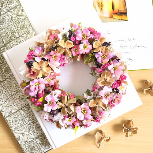 ピンク フラワーリース 母の日 プレゼントリース 玄関リース アーティ  
