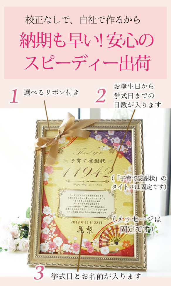 【校正なし即納】名入れ 子育て感謝状 2個セット リボン 額付き 雅の宴  両親贈呈品 両親へのプレゼント 3枚目の画像