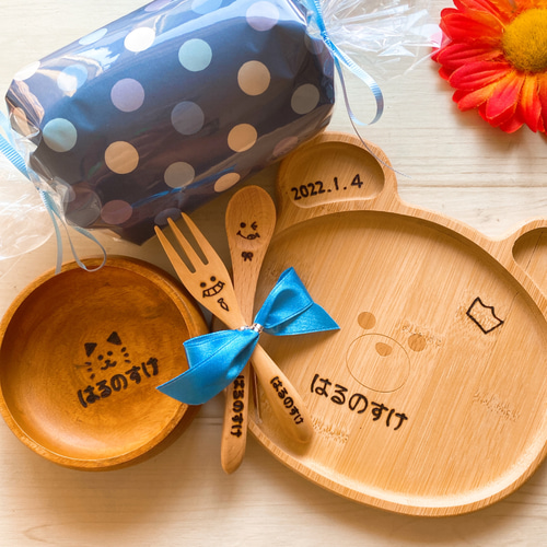 shop　ウッドバーニング 名前入り　オリジナル　セット 名前入りくまさんプレート＆スプーンおむつセット♡ウッドバーニング