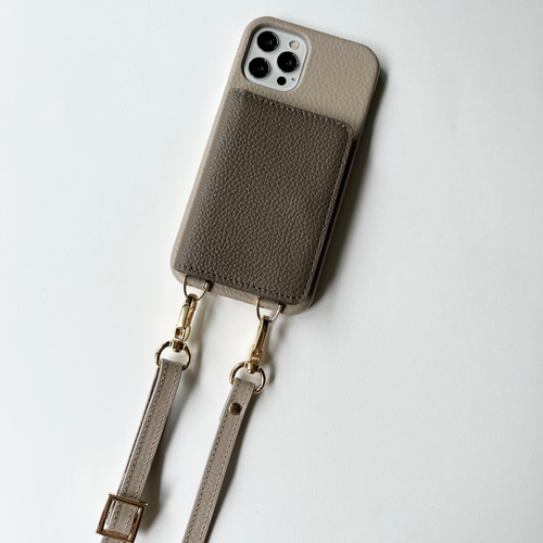 本革 スマホショルダー バイカラー 背面収納カード 名前入れ