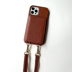 本革  スマホショルダー　 背面収納カード 名前入れ レザー　iphoneケース　スマホケース　キャメル 2枚目の画像