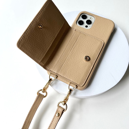 本革 スマホショルダー 背面収納カード 名前入れ レザー iphoneケース