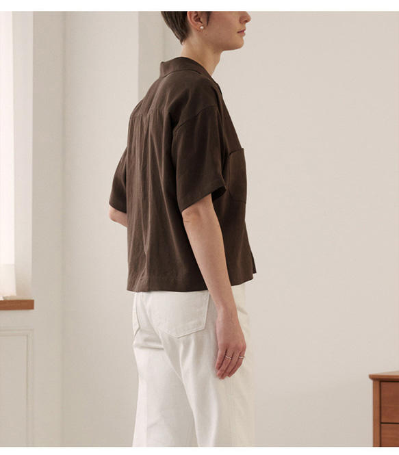 夏の新しいコットンリネンの女性用半袖シャツ 暗褐色 6枚目の画像