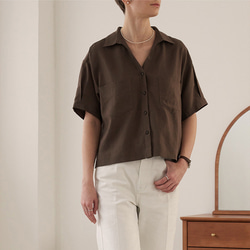 夏の新しいコットンリネンの女性用半袖シャツ 暗褐色 7枚目の画像
