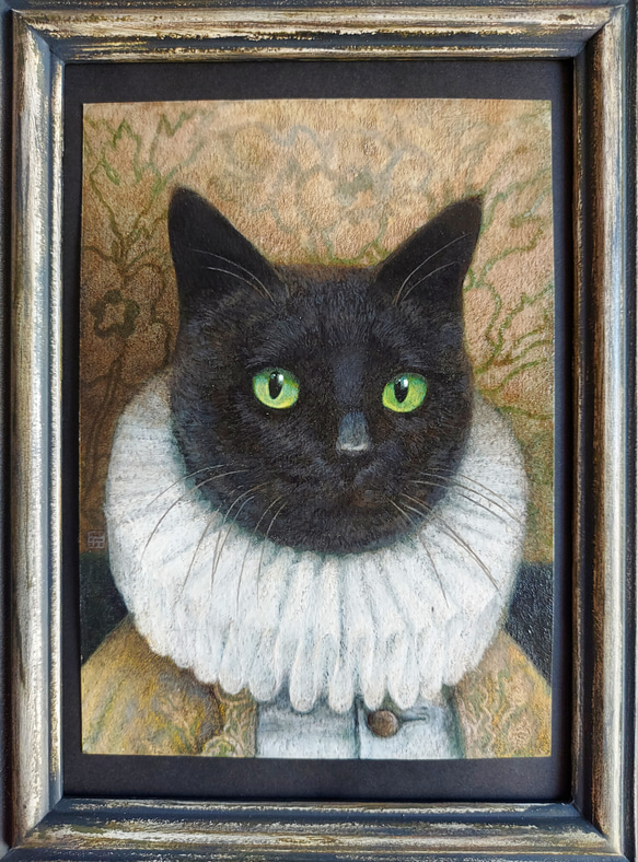 ◇ 黒猫 肖像画 フレーム(額縁)付き ◇ 原画 水彩用紙 アクリル