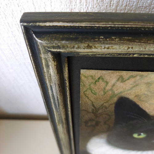 ◇ 黒猫 肖像画 フレーム(額縁)付き ◇ 原画 水彩用紙 アクリル絵具