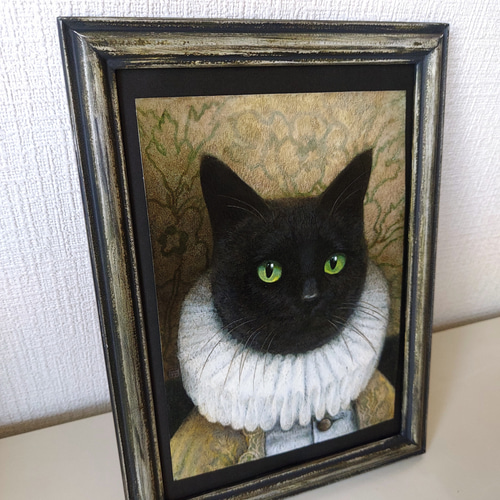 ◇ 黒猫 肖像画 フレーム(額縁)付き ◇ 原画 水彩用紙 アクリル絵具