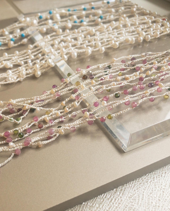 「creema限定」ネックレス〜絹糸と淡水真珠とアクアマリン 16枚目の画像