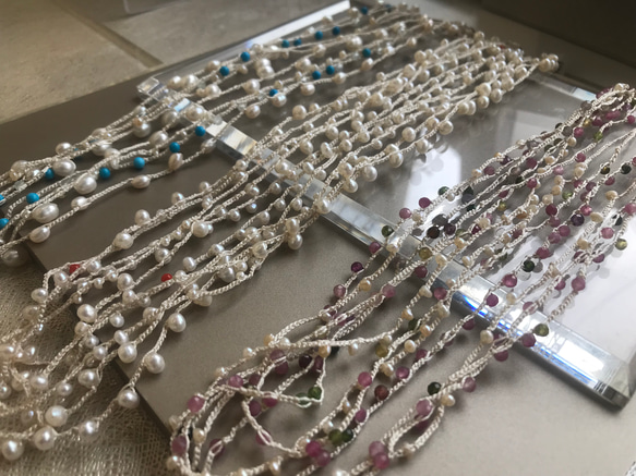 「creema限定」ネックレス〜絹糸と淡水真珠とアクアマリン 15枚目の画像