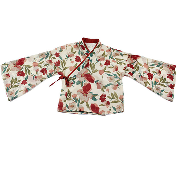 花朵印花古風茶服盤扣寬袖上衣 新中式中秋春節改良旗袍 第11張的照片