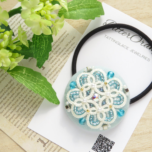 タティングレース×ビーズ刺繍で奏でる夏の花音ヘアゴム/ブローチ