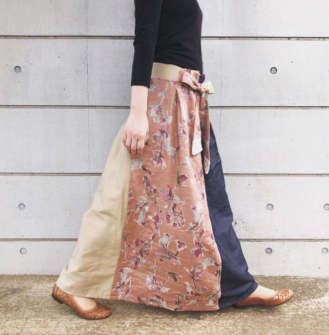 ■3日以内発送■【再販】デニムと4つの素材を使った、風を纏うフレアマキシスカート。ロングスカート ウエストゴム 春