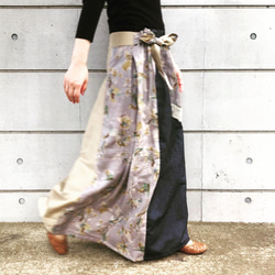 【再販】デニムと4つの素材を使った、風を纏うフレアマキシスカート。ロングスカート ウエストゴム グレー 春 夏 3枚目の画像