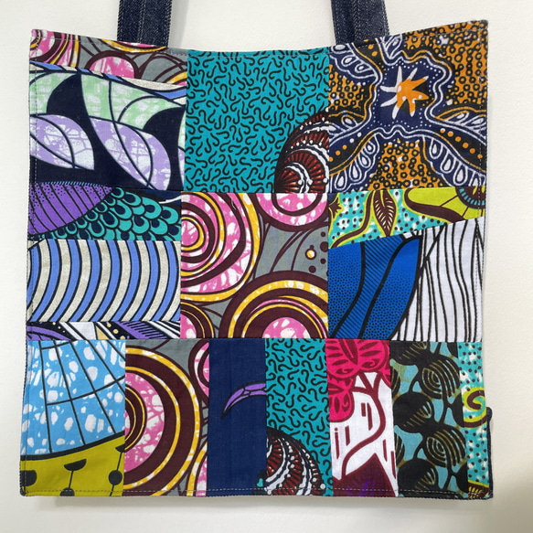 アフリカ布　パッチワーク✖️デニム　ショッピングバッグ 2枚目の画像