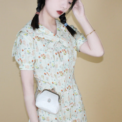 野蜜花兔子苧麻海軍領盤扣旗袍 新中式中秋春節風改良洋裝連身裙 第1張的照片