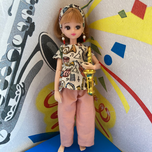 065 リカちゃん ブライス ハンドメイド 服 リバティ 楽器柄 フリル