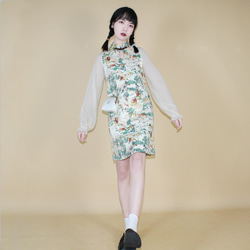 白色拼接 春日動物園老虎印花旗袍 新中式少女風改良洋裝連身裙 第2張的照片
