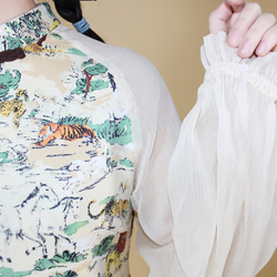 白色拼接 春日動物園老虎印花旗袍 新中式少女風改良洋裝連身裙 第4張的照片