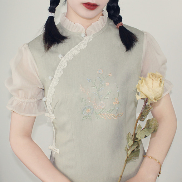 淺綠 2色 洛麗塔刺綉泡泡袖旗袍 新中式中秋春節改良連身裙洋裝 第1張的照片