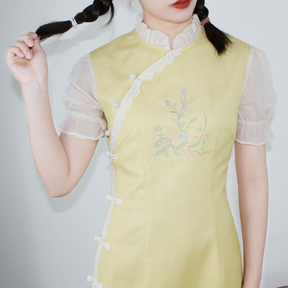 黃色 2色 洛麗塔刺綉泡泡袖旗袍 新中式中秋春節改良連身裙洋裝 第1張的照片