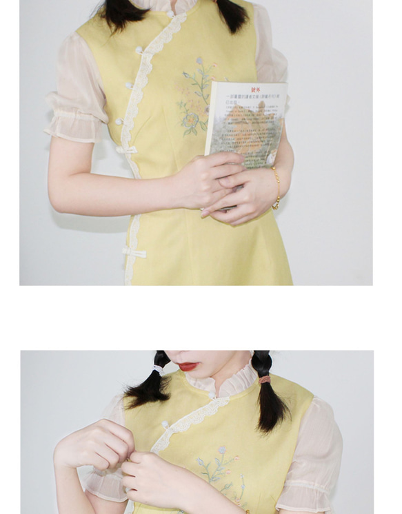 黃色 2色 洛麗塔刺綉泡泡袖旗袍 新中式中秋春節改良連身裙洋裝 第6張的照片