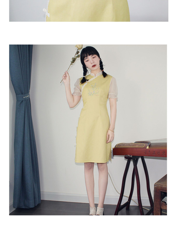 黃色 2色 洛麗塔刺綉泡泡袖旗袍 新中式中秋春節改良連身裙洋裝 第7張的照片