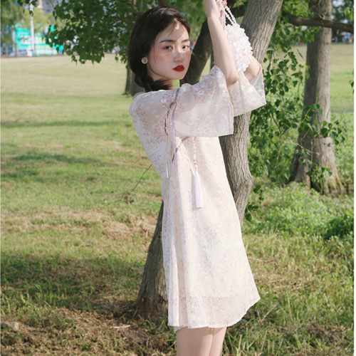 シフォン×花柄 チャイナドレス風ワンピース / 綺麗見えAライン