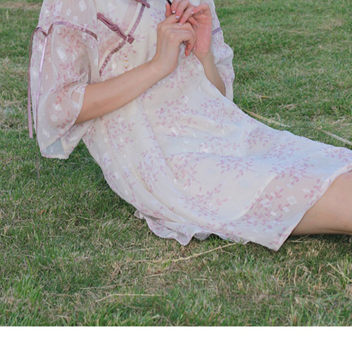 シフォン×花柄 チャイナドレス風ワンピース / 綺麗見えAライン