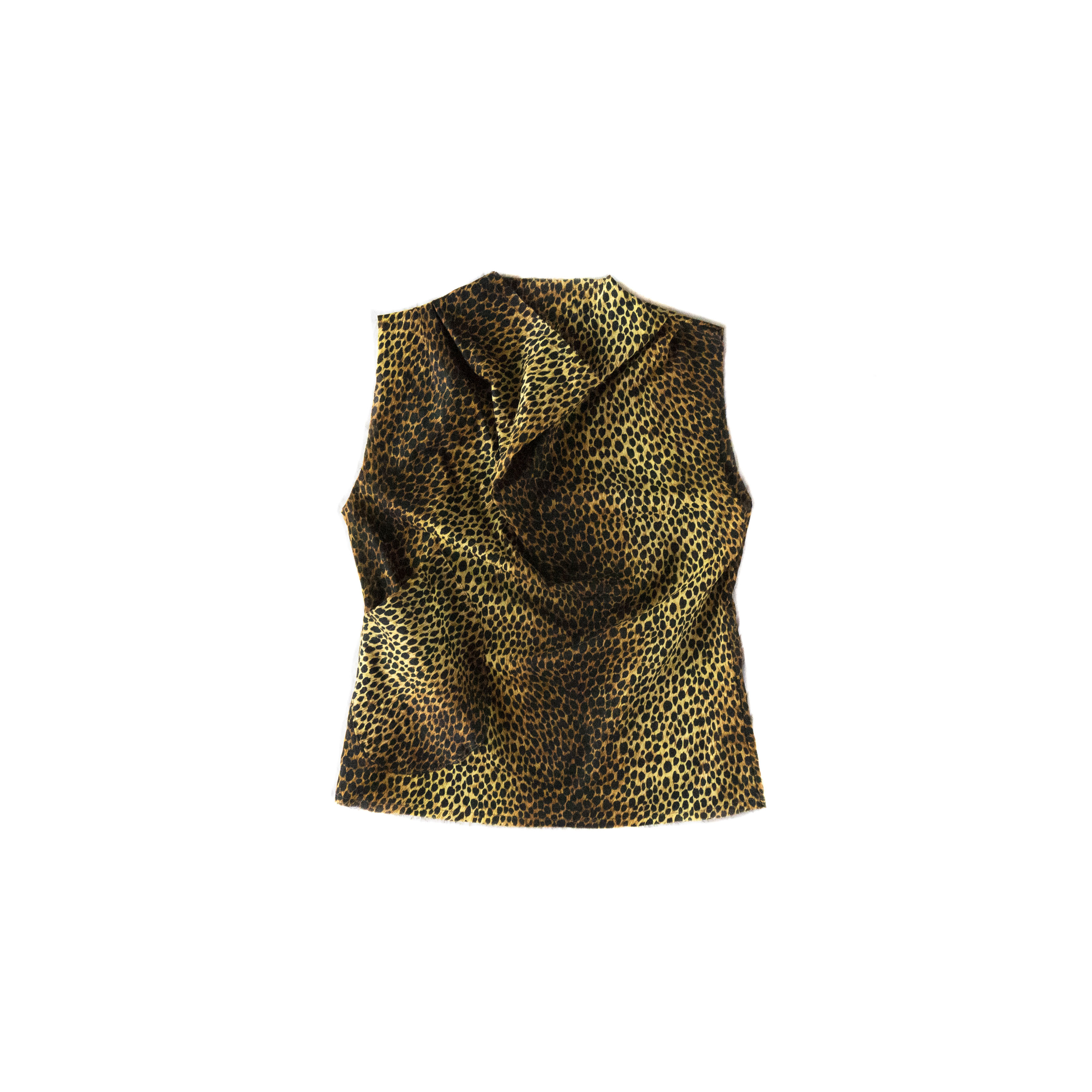 イエロー(黄)草木染め、イタリア製デッドストック薄手コットンヒョウ柄、ロウエッジ、ノースリーブシャツM L