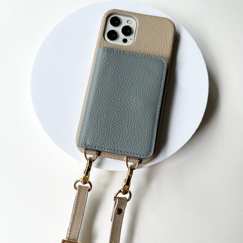 スマホショルダー 手ぶら 名入れ可 バイカラー 本革 革 カード