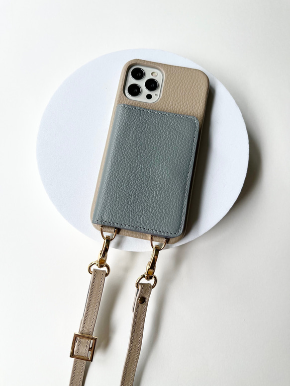 ハンドメイド❤高級本革ショルダー本革スマホケース　Premium スマホショルダー レザー 名入れ可 バイカラー 本革
