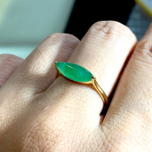 a04 k18金 ゴールド ミャンマー産 天然 マーキス 本翡翠 リング 指輪