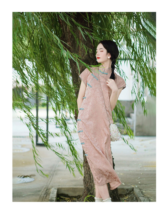 藍綠色 2色 側邊開衩盤扣復古旗袍 新中式中秋春節改良連身裙洋裝 第8張的照片