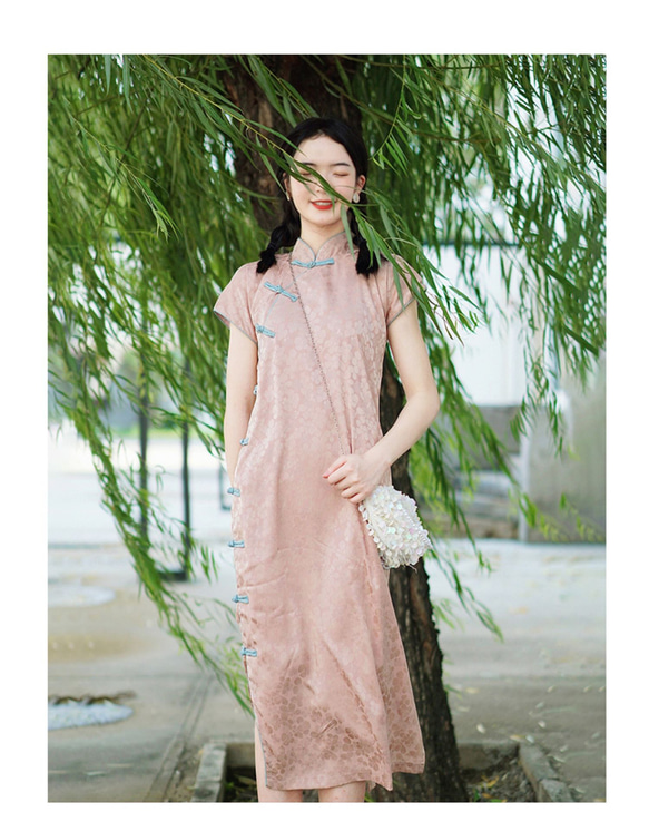 藍綠色 2色 側邊開衩盤扣復古旗袍 新中式中秋春節改良連身裙洋裝 第13張的照片