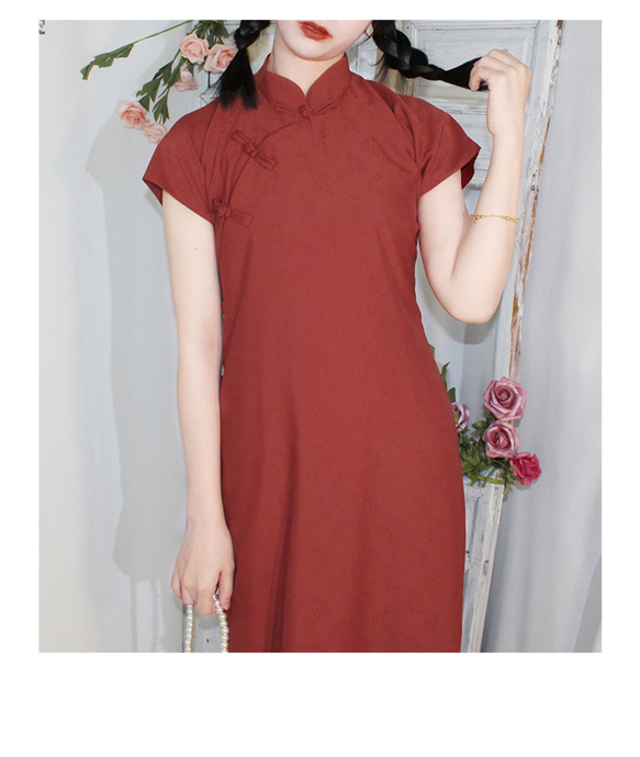 深紅色 提花平裁中長款復古旗袍 新中式中秋春節改良連身裙洋裝 第7張的照片
