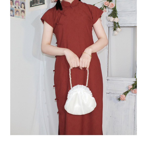 深紅色 提花平裁中長款復古旗袍 新中式中秋春節改良連身裙洋裝 第5張的照片