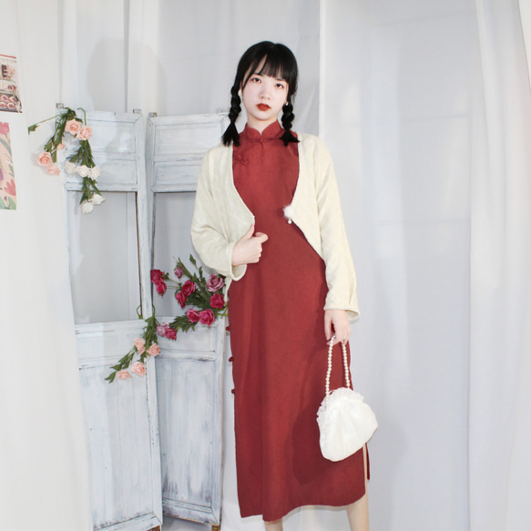 深紅色 提花平裁中長款復古旗袍 新中式中秋春節改良連身裙洋裝 第3張的照片